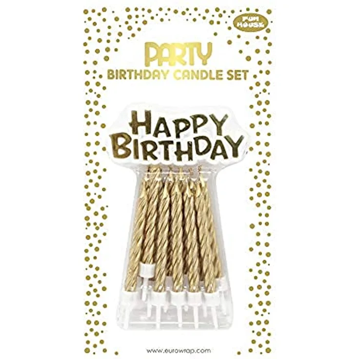 Clairefontaine 26577-SC - Set mit 12 Kerzen + 12 Kerzenhalter + Deko ''Happy Birthday'', Gold, 1 Set