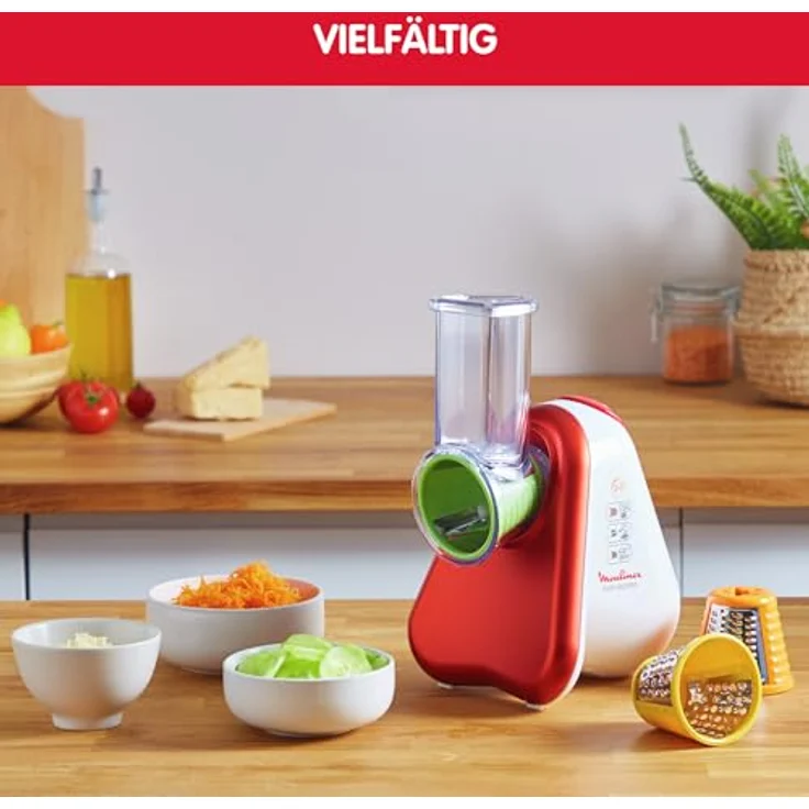 Moulinex DJ7535 Fresh Express 3-in-1, 150W, Akku-Reibe, 3 Trommmelsätze, Kunststoff, rot, weiß – Bild 3