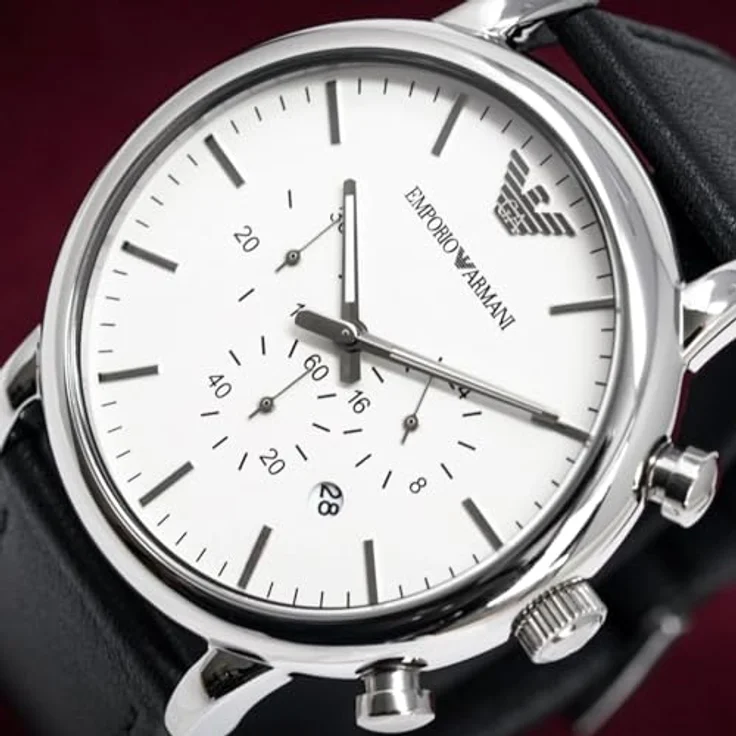 Emporio Armani Herrenuhr AR1807, QuarzChronographenwerk, 46mm Silber / Stahl Edelstahlgehäuse, schwarzes Lederarmband – Bild 4