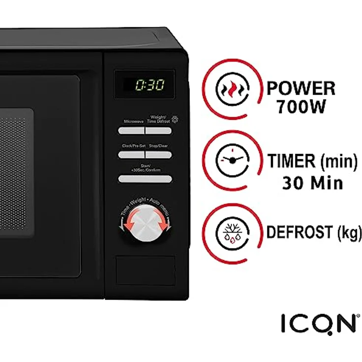 ICQN ?KEA 4602B Mikrowelle Standgerät, Garraum 20 L, 700 W, 5 Leistungsstufen, 8 Automatikprogramme, Gewicht und zeitgesteuerte Auftauen, Kindersicherung, Glasdrehteller (25,5 cm), schwarz – Bild 4