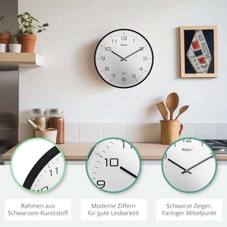 Mebus Funk-Wanduhr Modell 13079, 30 cm, lautlos, schwarzer Rahmen, weißes Zifferblatt, große und klare Anzeige – Bild 3