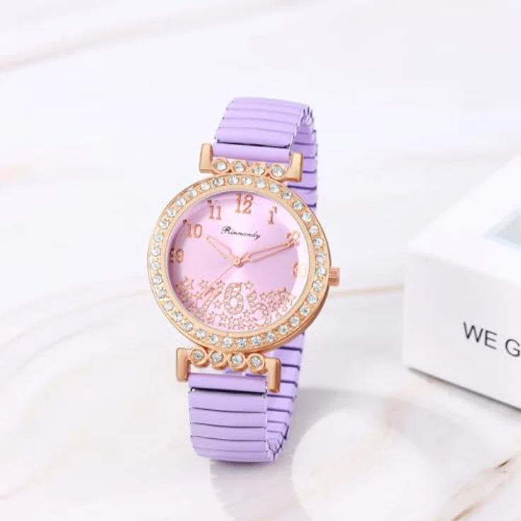 JewelryWe Damenuhr Elastisch Diamant Uhr, Violett Edelstahl Armbanduhr mit Zirkonia und Analog Quarzwerk, leicht ablesbare Digitalskala – Bild 4