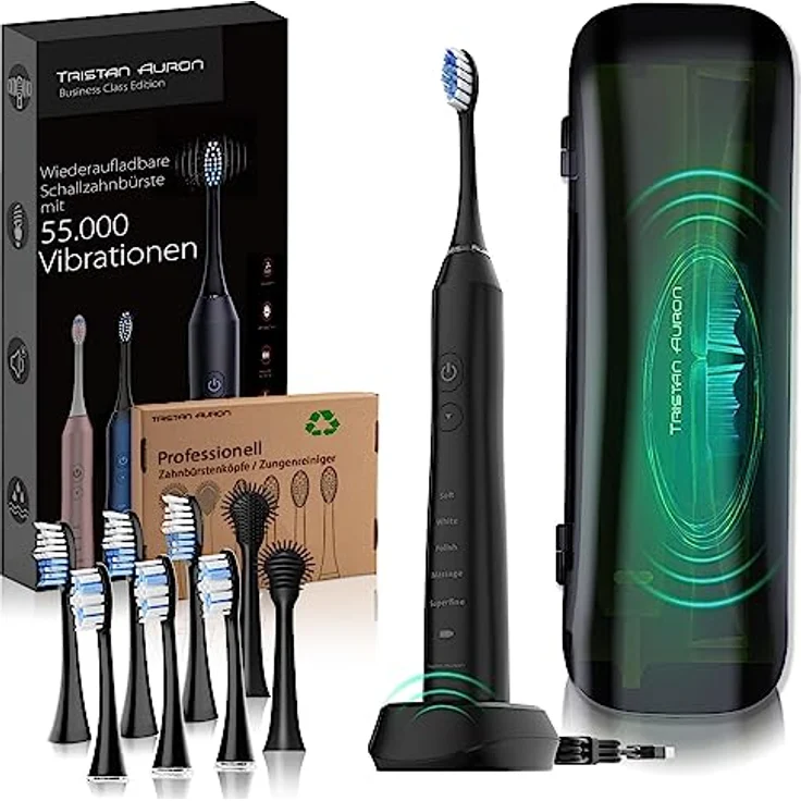 Tristan Auron Business Class Schallzahnbürste - 55.000 Schwingungen - 5 Modi - 60 Tage Akku + inkl. Etui mit UV Desinfektion + 6 Ersatzbürste und 2 Zungenreiniger - schwarz – Bild 1