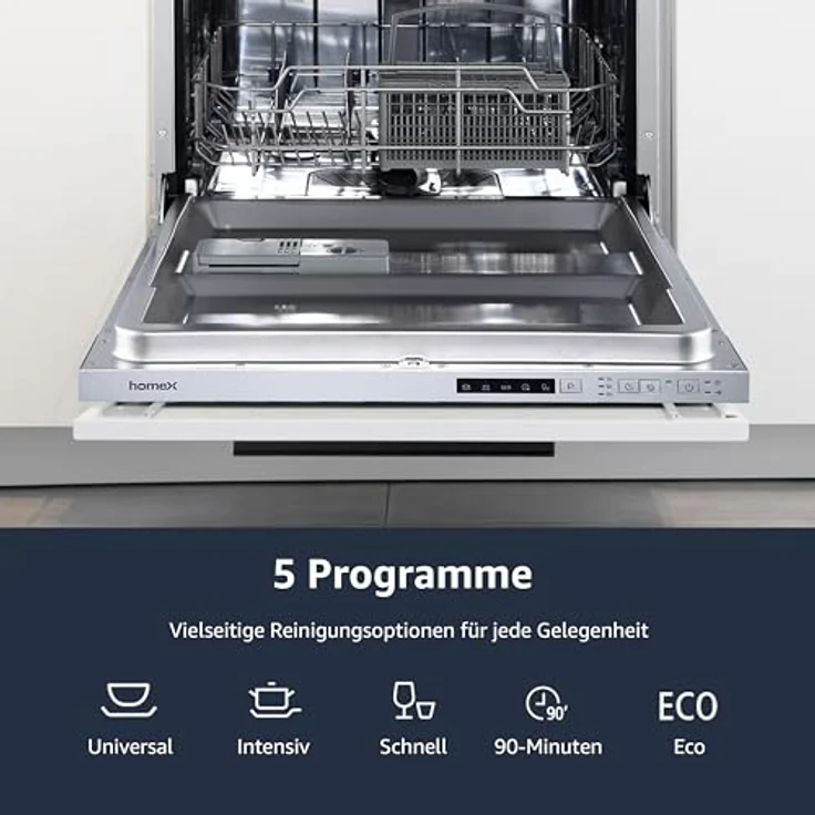 homeX GSEV6014AE Geschirrspüler vollintegriert, 60 cm, 14 Gedecke, 5 Programme, Aquastop, Silber – Bild 5