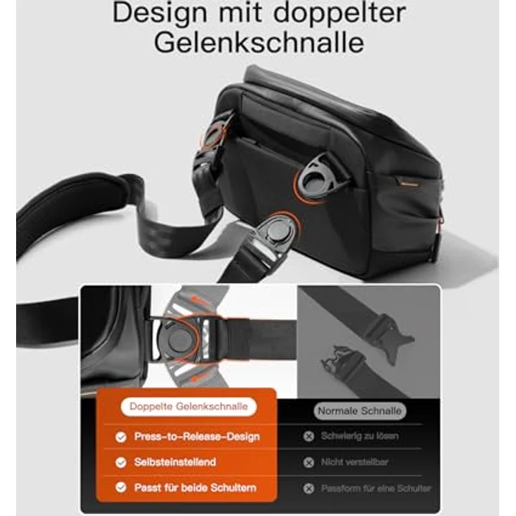 Inateck Crossbody Organizer Bag, spritzwassergeschützte Umhängetasche mit 135° Öffnungsdesign, schwarz – Bild 4