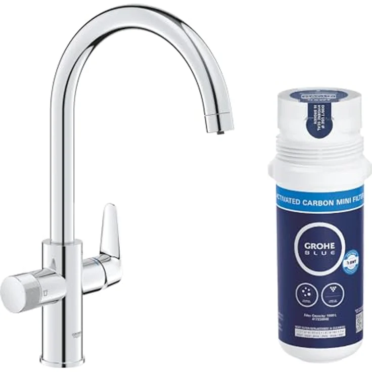 GROHE Blue Pure StartCurve, Einhand-Spültischbatterie mit Wasserfilterfunktion, Chrom, seperater Griff für gefiltertes Wasser, schwenkbarer Auslauf, 150° Schwenkbereich – Bild 1