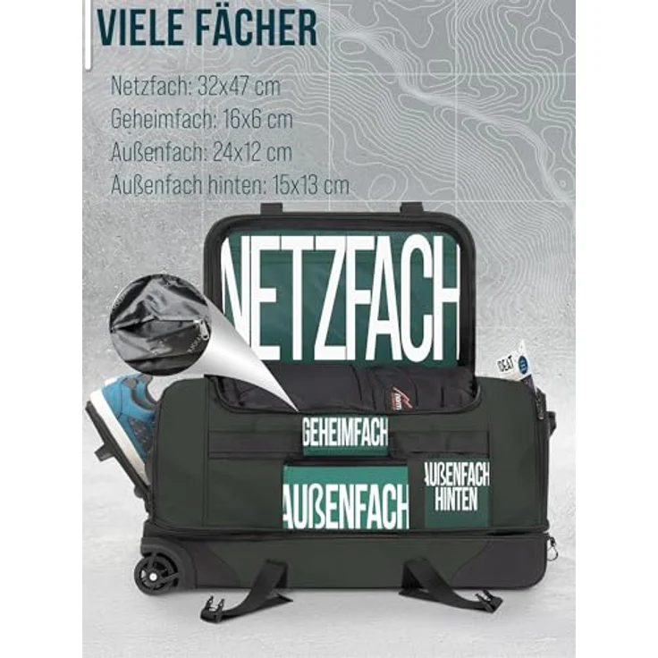 normani XXL Reisetasche 100-120 Liter, erweiterbare 2-Rad Trolley mit 8 Fächern, wasserabweisend, Grün – Bild 3