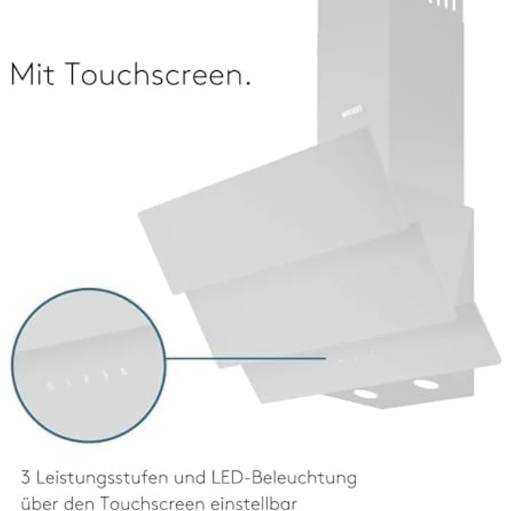 Wiggo B643 Dunstabzugshaube 60cm kopffrei I Abluft Umluft Dunstabzug 615m³/h - Touch-Display 4 Stufen I Energieeffizienzklasse B Schräghaube inkl. 2x Kohlefilter I Abzugshaube Glasfront weiß – Bild 4