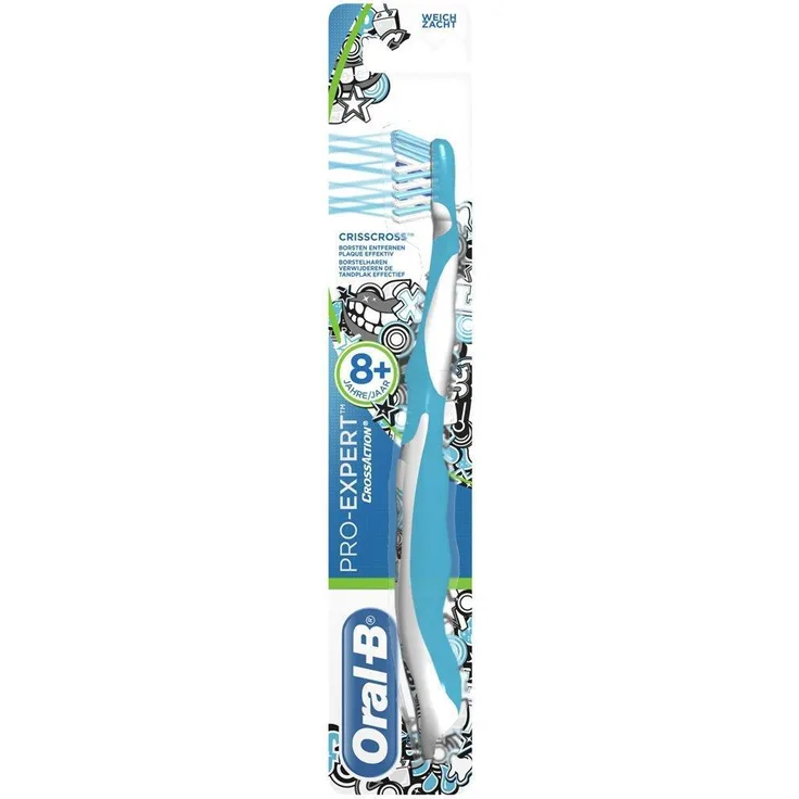 Braun Oral-B Pro Expert Cross Action, Elektrische Zahnbürste ab 8 Jahre, 3er Pack, CrissCross-Borsten, extralange Borsten, Zungenreiniger, coole Grafik - blau
