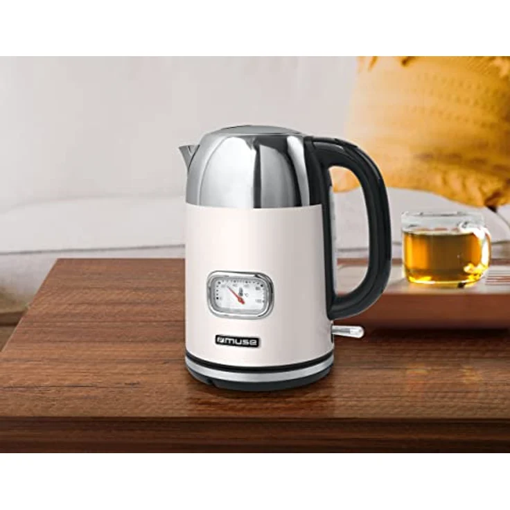 MUSE Edelstahl Retro Wasserkocher mit analoger Temperaturanzeige, mit Filter, transparenter Skala, 1,7L Fassungsvermögen, Automatische Abschaltung, beige-edelstahl (MS-020 SC) – Bild 3