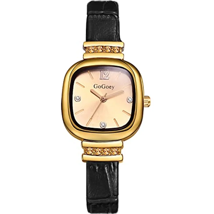 JewelryWe Damen Analog Quarz Armbanduhr, quadratisch mit Strass, Lederarmband in Schwarz, wasserdicht – Bild 1