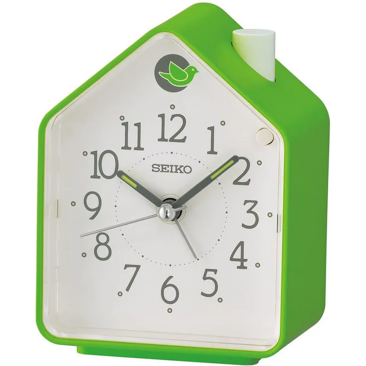 Seiko Quarzwecker 110 x 84 mm, Vogelhaus-Form mit Vogelstimmen, grünes Kunststoffgehäuse