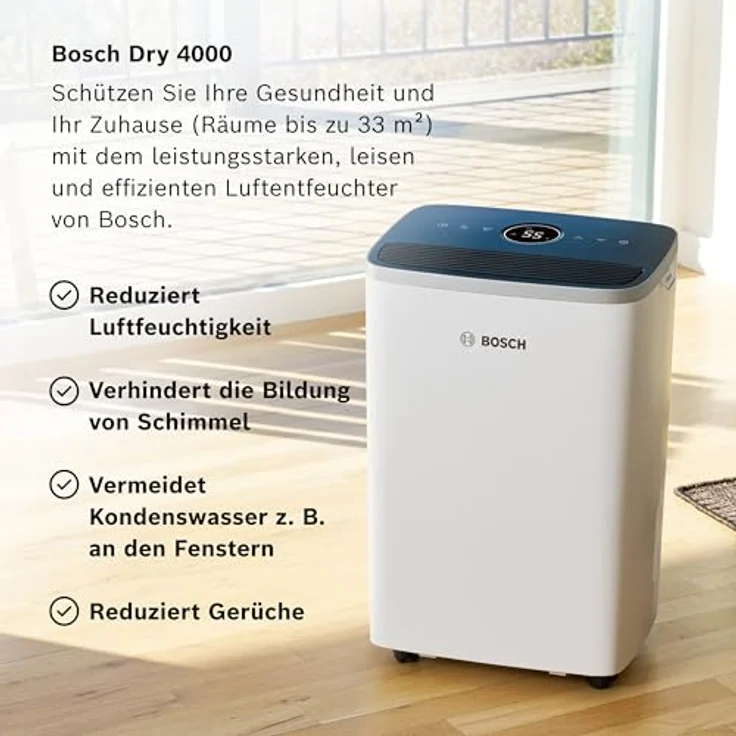 Bosch Dry 4000 - Luftentfeuchter für Ihr Zuhause, bis zu 16 Liter Feuchtigkeit pro Tag, ultra-leiser Betrieb, 2,5-Liter-Wassertank, mobil (schwarz) – Bild 2