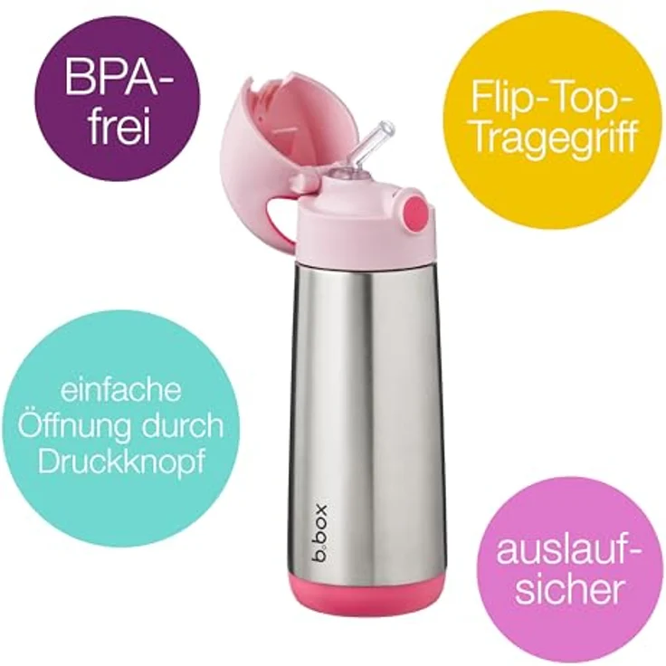 b.box Isolierte Wasser- und Thermosflasche | Edelstahl, Dreiwandig, 500 ml, hält Getränke bis zu 15 h kalt & 8 h warm, auslaufsicher mit Strohhalm – Bild 2