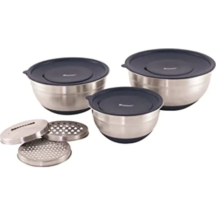 Outwell Chef Schüssel-Set, 3 Rührschüsseln mit Deckeln und Reiben, rutschfeste Silikonböden, Silber