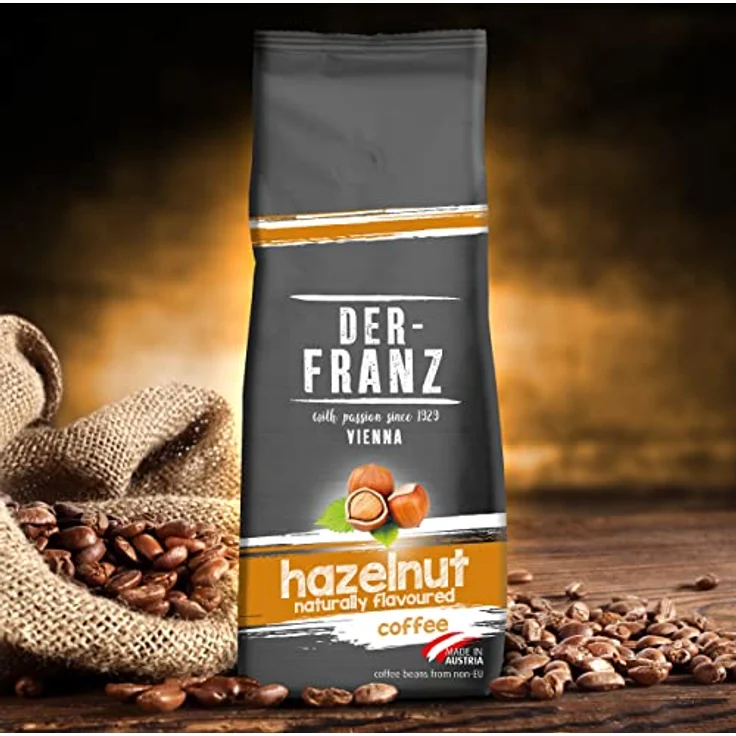 Der-Franz Kaffee, Mischung aus Arabica und Robusta, geröstet, ganze Bohne aromatisiert mit natürlicher Haselnuss UTZ, 3 x 500 g – Bild 4