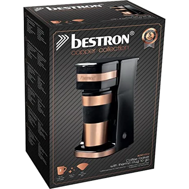 Bestron Kaffeemaschine mit Isolierbecher, Für gemahlenen Filterkaffee, 2 Große Tassen, 750 Watt, Edelstahl, Farbe: Kupfer – Bild 5