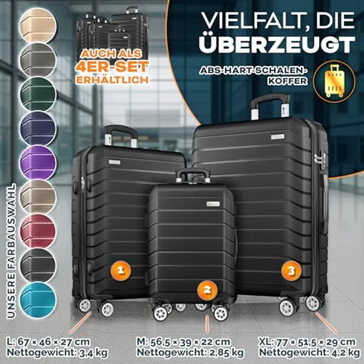 tillvex® Reisekoffer Set 3-TLG. Hartschalenkoffer mit 4 Rollen, TSA Schloss, inkl. Gepäckwaage, 6 Koffergurte & 3 Kofferanhänger, Schwarz, Größen S-M-L-XL – Bild 5