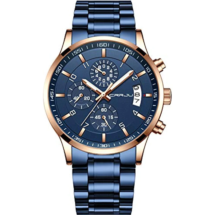 CRRJU Herren Chronograph Armbanduhr, wasserdicht, Edelstahlarmband, analoges Quarzwerk mit Kalender, blau – Bild 1