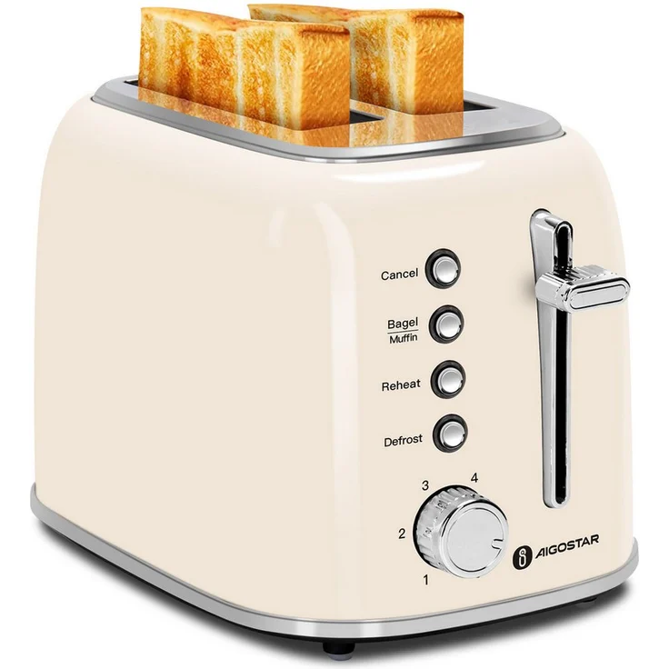 Aigostar Toaster Cream - Retro Edelstahl Toaster, 4 Funktionen, 6 Bräunungsstufen, 2 lange Schlitze, 800,00 W, Extra Breite Toastschlitze, Liftfunktion