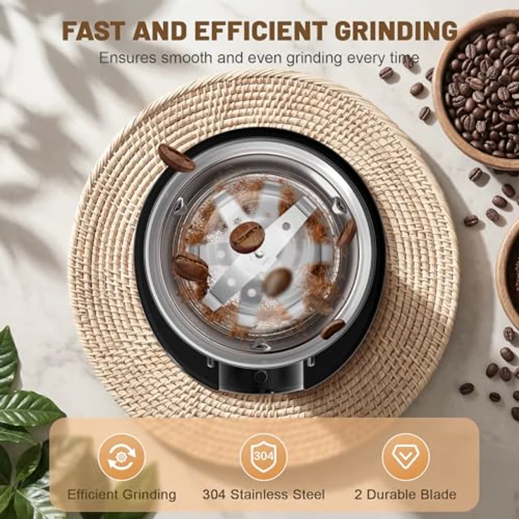 NWOUIIAY Elektrische Kaffeemühle 300W, 80g für Kaffeebohnen und Gewürze, Edelstahlklingen, kompakt und mehrzweckgeeignet – Bild 3