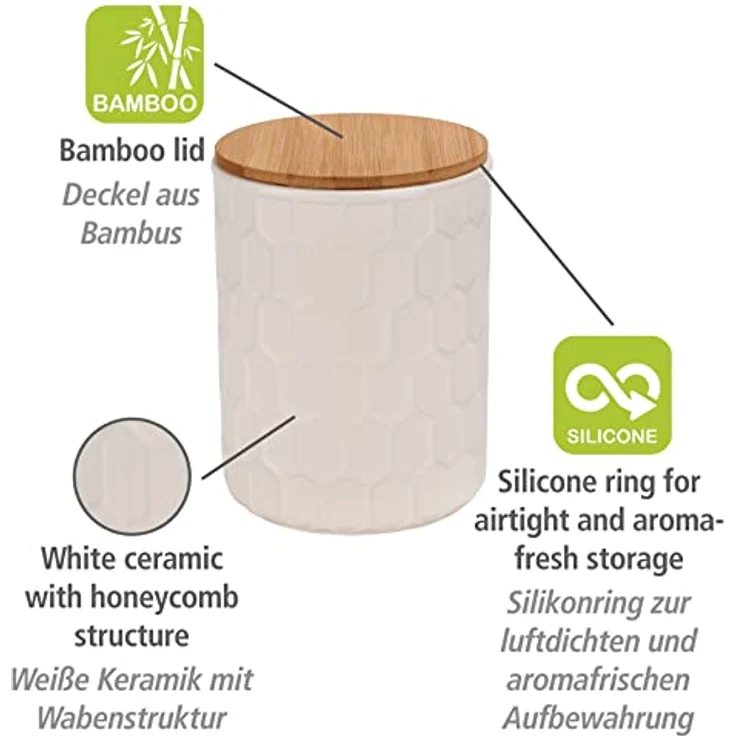 WENKO Aufbewahrungsdose Maya aus hochwertiger weißer Keramik mit Wabenstruktur, spülmaschinengeeignete Dose mit luftdicht verschließbarem Deckel aus Bambus, FSC® zertifiziert, 1,3 L, Ø 13 x 17 cm – Bild 2