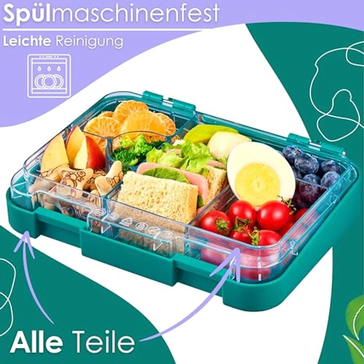 ecosa YummyBuddy Snackbox, Brotdose für Kinder mit 6 Fächern, auslaufsicher, BPA-frei, spülmaschinenfest, Pauli Petrol – Bild 4