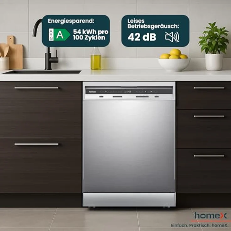 homeX DWFS601442A-S Geschirrspüler 60 cm, freistehend, 14 Maßgedecke, 9 Programme, AquaStop, unterbaufähig, 42 dB – Bild 7