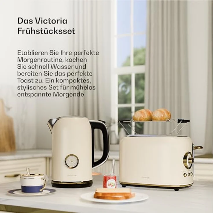 Klarstein Victoria Toaster Wasserkocher Set, Retro Design mit 2 Scheiben Toaster, 7 Bräunungsstufen, Brötchenaufsatz und 1,7L Wasserkocher mit Kalkfilter, Cream – Bild 3