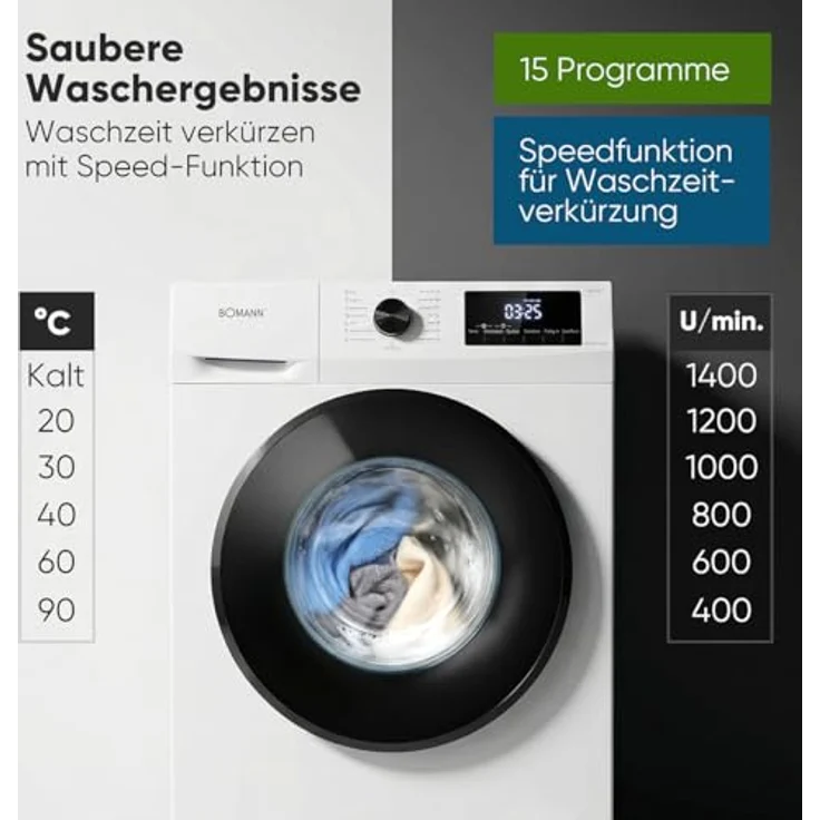 Bomann® WA 7175.1 Waschmaschine 7kg, Invertermotor, max. 1400 U/min, 15 Programme, LED-Display, weiß – Bild 5