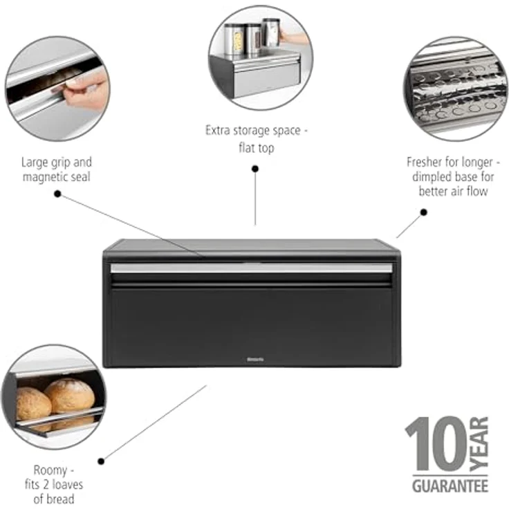 Brabantia Klappbrotkasten, große Aufbewahrungsbox für Brot & Backwaren, platzsparendes Design zur Wandmontage, mattschwarz – Bild 3