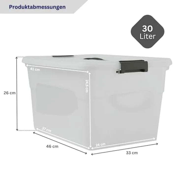 PROREGAL Aufbewahrungsbox 30L, transparent, 6er Set mit Deckel, stapelbar, Kunststoff mit Verschlussclips, vielseitiger Aufbewahrungsbehälter für Haushalt und Büro – Bild 2