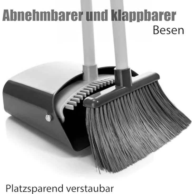 BigDean Kehrgarnitur 2 Stück, Kehrschaufel Set mit Besen und 90 Grad drehbarem Teleskopstiel, grau – Bild 2