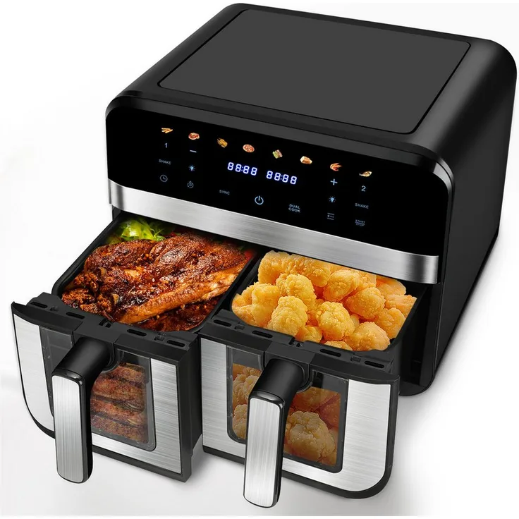 oyajia Heißluftfritteuse RA930DSV XXL, 9L mit 2 separat gesteuerten Garkammern, 2600W, Touch Display, Sichtfenster, 8 Automatikprogramme