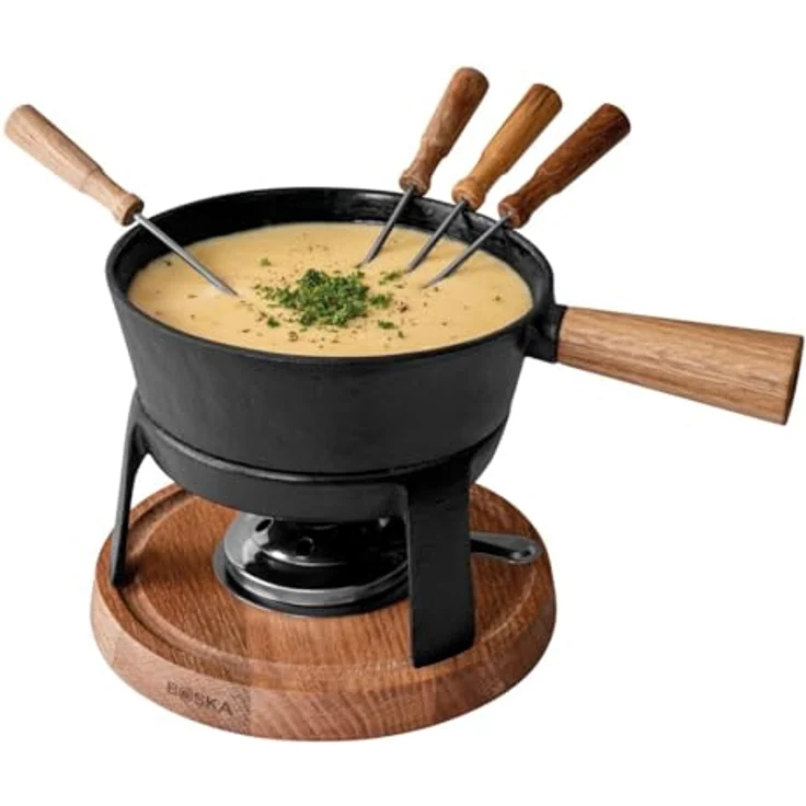 Boska Fondue Pro Set L, Käsefondue, Fondue-Set, Fonduetopf, Gusseisen, Eichenholz, Edelstahl, Schwarz, 1.5 L, 853551 – Bild 3