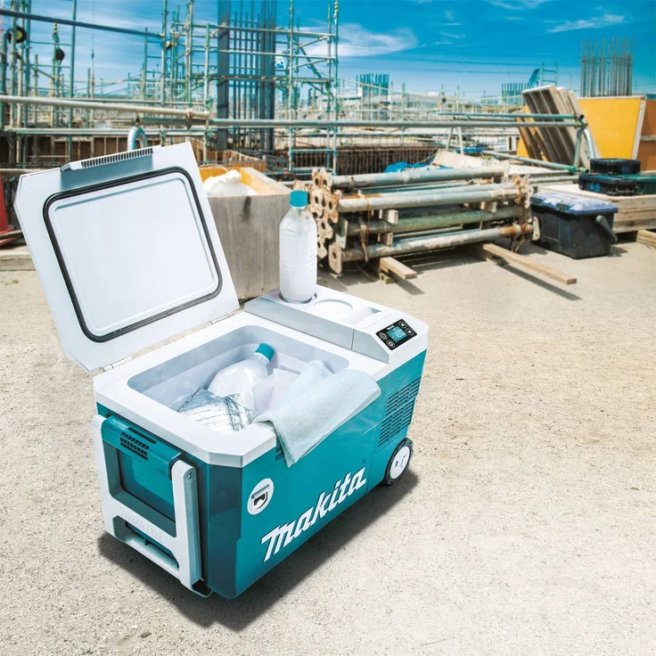 Makita DCW180Z Akku-Kühlbox, Kompressorkühlbox mit Rädern, Energieeffizienzklasse E, 20L, 18V, 220V, 230V, inkl. Flaschenöffner, Teleskopgriff, LED-Anzeige, USB-Anschluss, türkis, weiß – Bild 4