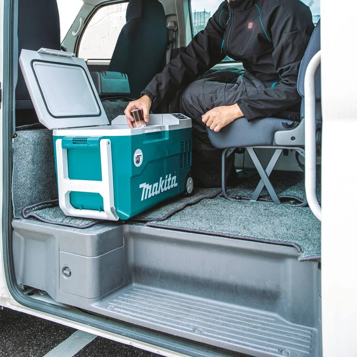 Makita DCW180Z Akku-Kühlbox, Kompressorkühlbox mit Rädern, Energieeffizienzklasse E, 20L, 18V, 220V, 230V, inkl. Flaschenöffner, Teleskopgriff, LED-Anzeige, USB-Anschluss, türkis, weiß – Bild 5