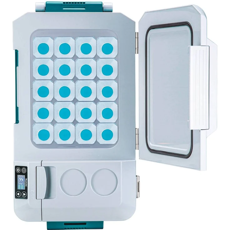 Makita DCW180Z Akku-Kühlbox, Kompressorkühlbox mit Rädern, Energieeffizienzklasse E, 20L, 18V, 220V, 230V, inkl. Flaschenöffner, Teleskopgriff, LED-Anzeige, USB-Anschluss, türkis, weiß – Bild 13
