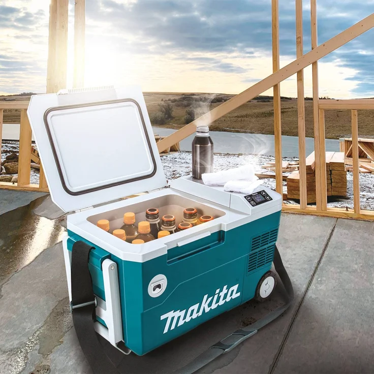 Makita DCW180Z Akku-Kühlbox, Kompressorkühlbox mit Rädern, Energieeffizienzklasse E, 20L, 18V, 220V, 230V, inkl. Flaschenöffner, Teleskopgriff, LED-Anzeige, USB-Anschluss, türkis, weiß – Bild 9