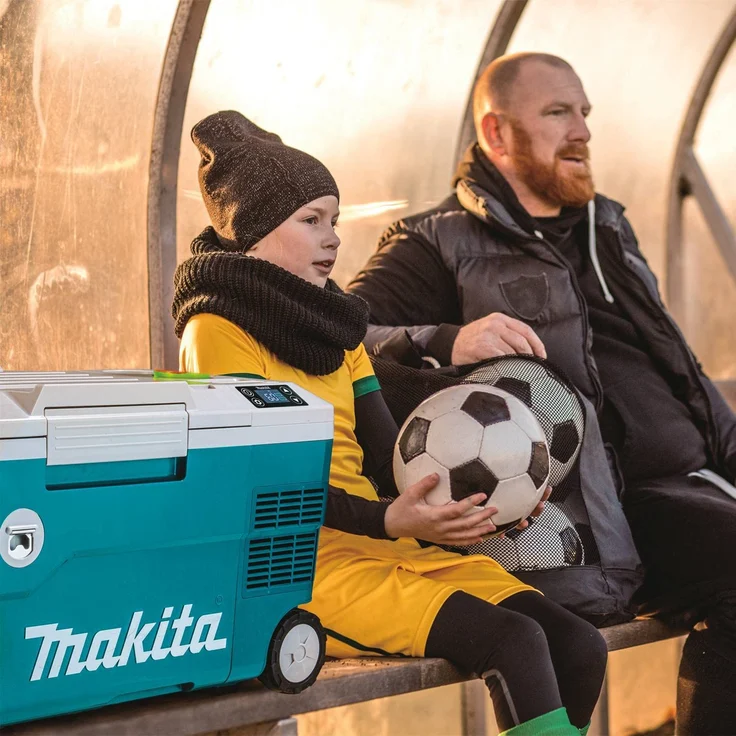 Makita DCW180Z Akku-Kühlbox, Kompressorkühlbox mit Rädern, Energieeffizienzklasse E, 20L, 18V, 220V, 230V, inkl. Flaschenöffner, Teleskopgriff, LED-Anzeige, USB-Anschluss, türkis, weiß – Bild 8