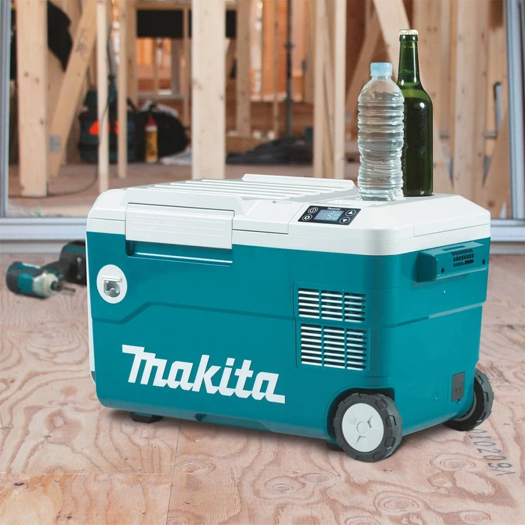 Makita DCW180Z Akku-Kühlbox, Kompressorkühlbox mit Rädern, Energieeffizienzklasse E, 20L, 18V, 220V, 230V, inkl. Flaschenöffner, Teleskopgriff, LED-Anzeige, USB-Anschluss, türkis, weiß – Bild 3