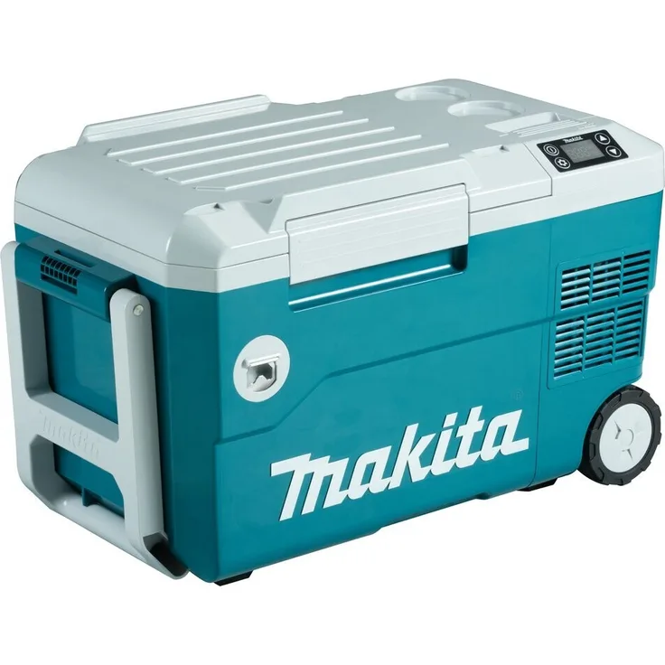 Makita DCW180Z Akku-Kühlbox, Kompressorkühlbox mit Rädern, Energieeffizienzklasse E, 20L, 18V, 220V, 230V, inkl. Flaschenöffner, Teleskopgriff, LED-Anzeige, USB-Anschluss, türkis, weiß