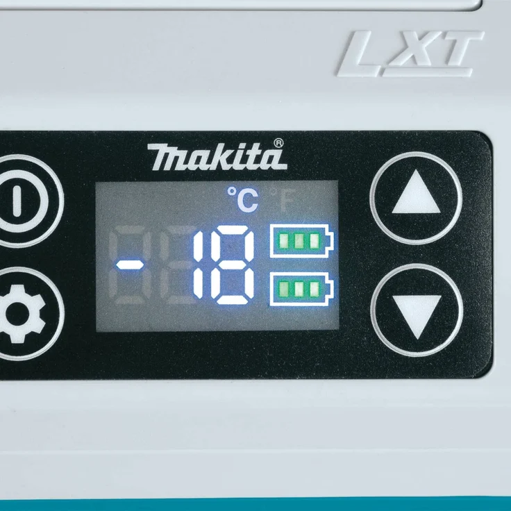 Makita DCW180Z Akku-Kühlbox, Kompressorkühlbox mit Rädern, Energieeffizienzklasse E, 20L, 18V, 220V, 230V, inkl. Flaschenöffner, Teleskopgriff, LED-Anzeige, USB-Anschluss, türkis, weiß – Bild 2