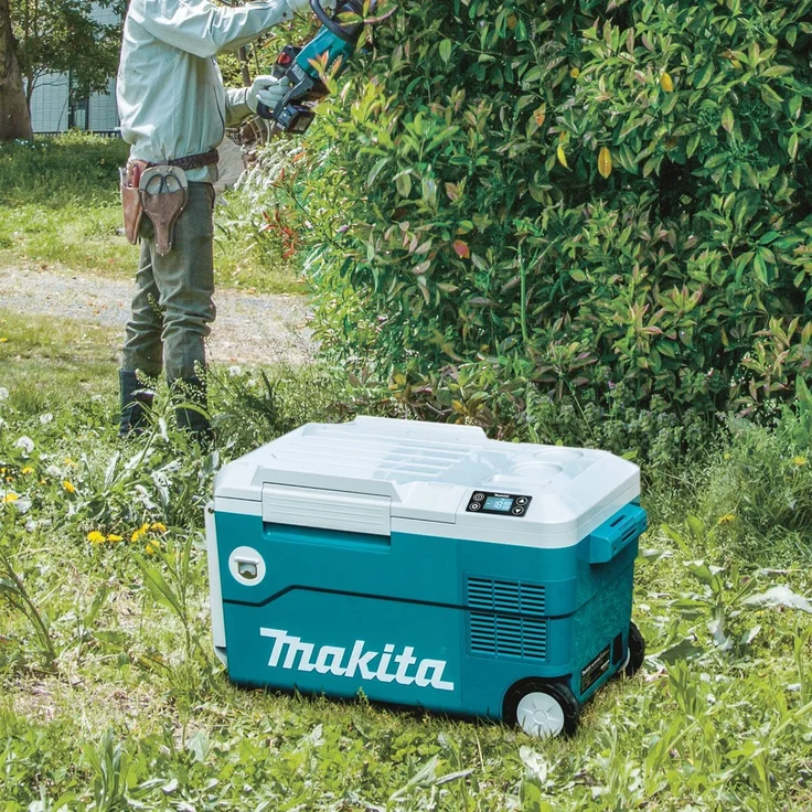 Makita DCW180Z Akku-Kühlbox, Kompressorkühlbox mit Rädern, Energieeffizienzklasse E, 20L, 18V, 220V, 230V, inkl. Flaschenöffner, Teleskopgriff, LED-Anzeige, USB-Anschluss, türkis, weiß – Bild 7