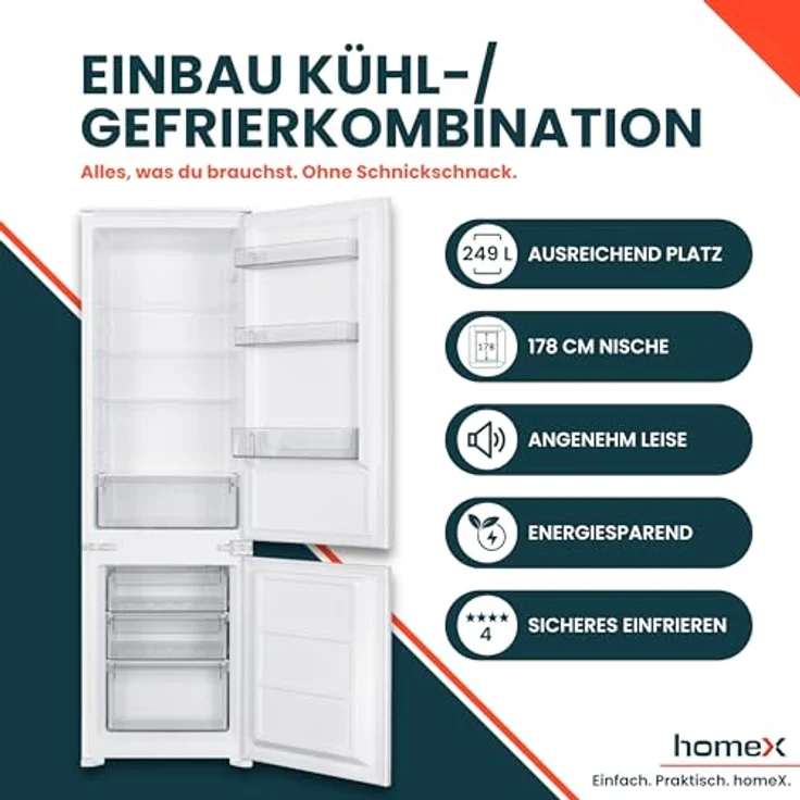 homeX CFB2491E Einbaukühlschrank mit Gefrierfach, 249 Liter, Schlepptür, 178 cm Nische, Energieeffizienzklasse E, leise mit 39 dB – Bild 2