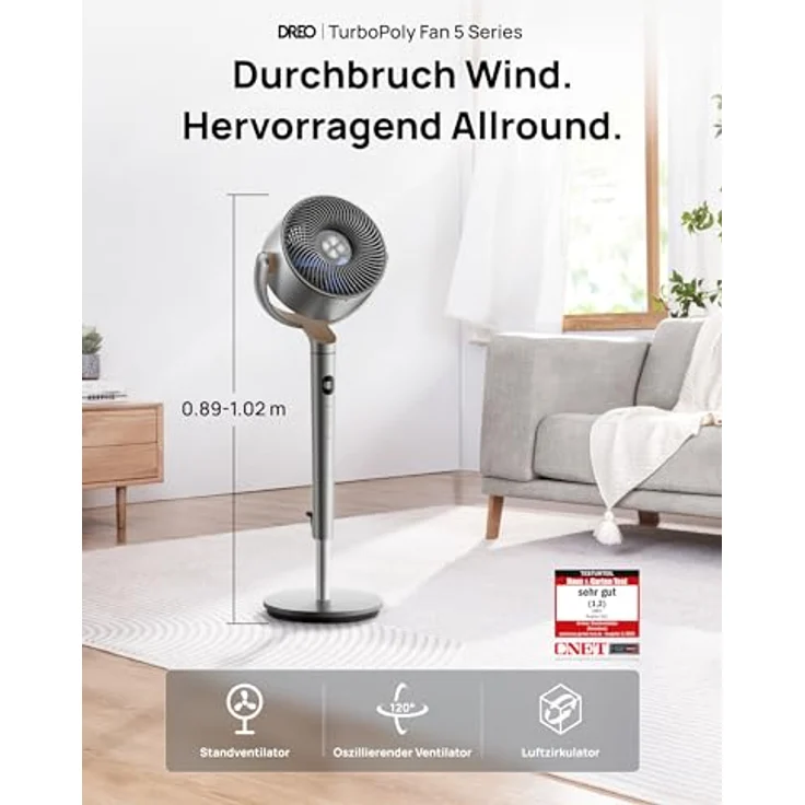 DREO PolyFan, 23 dB leiser Standventilator mit 120°+120° Omni-direktionale Oszillation, 27 m Windentfernung, 1615 m³/h Luftvolumen, 102 cm Höhe, 3 Modi, 8 Geschwindigkeiten – Bild 2
