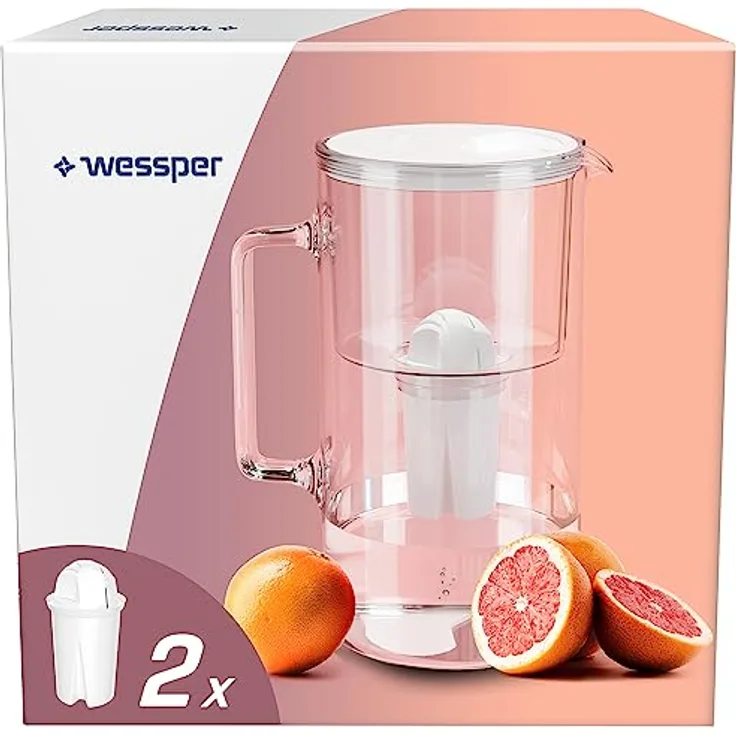 Wessper Crystalline Filter Kanne 2,5 l Wasser Karaffe, Set aus Wasserkocher Glas mit 2 Stück AQUA CLASSIC Wasserfilter, kompatibel mit Brita Classic, Dafi Classic, Weiß