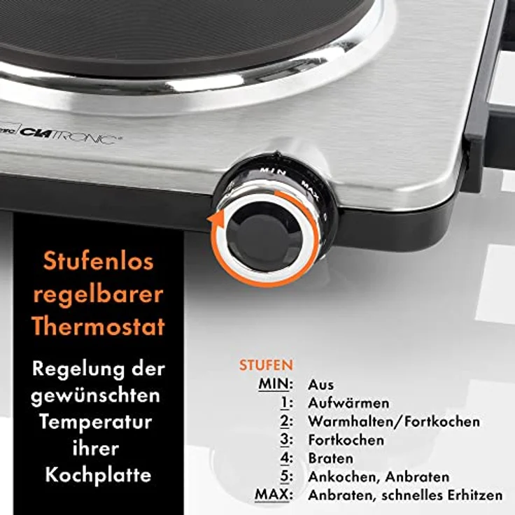 Clatronic® Kochplatte elektrisch mit 1500 Watt, Herdplatte 1 Kochfeld für Küche, Büro oder Camping, elektrische Kochplatte mit stufenloser Temperatureinstellung - Einzelkochplatte Edelstahl EKP 3788 E – Bild 4