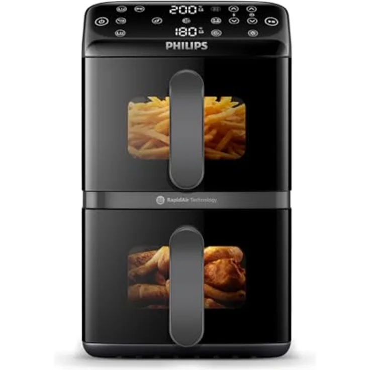 Philips Heißluftfritteuse NA462/70 4000 Series, 10L Dual Basket mit RapidAir Technologie, 2750 W, Schwarz/Dunkelgrau, kupfer Griff