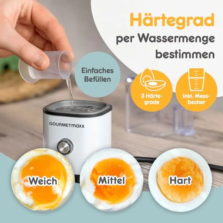 GOURMETmaxx Eierkocher für 1 Ei, Design Eierkocher weiß mit Eierstecher, 3 Härtegrade, spülmaschinenfeste Teile, kompakt und leicht zu reinigen – Bild 4
